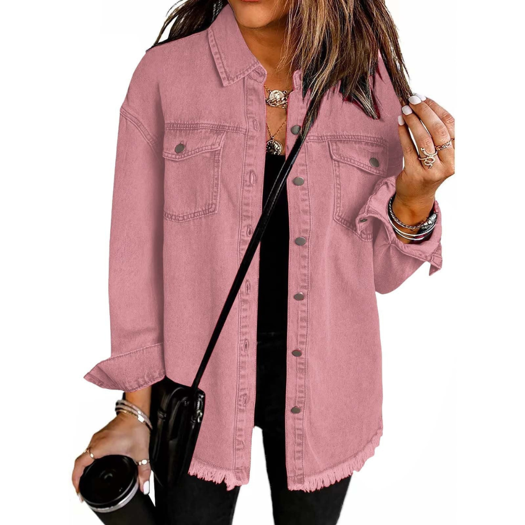 Dam Jeansjacka – Tryckknappar – Bröstfickor – Fransad Nederkant – bild 8