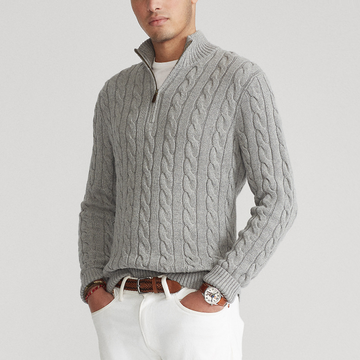 Herr stickad tröja – Half-zip pullover – Kabelstickad – Hög krage