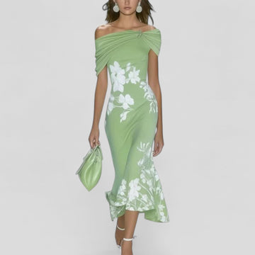 Dam Midi Klänning – Off-Shoulder – Blommigt Tryck – Volangfåll