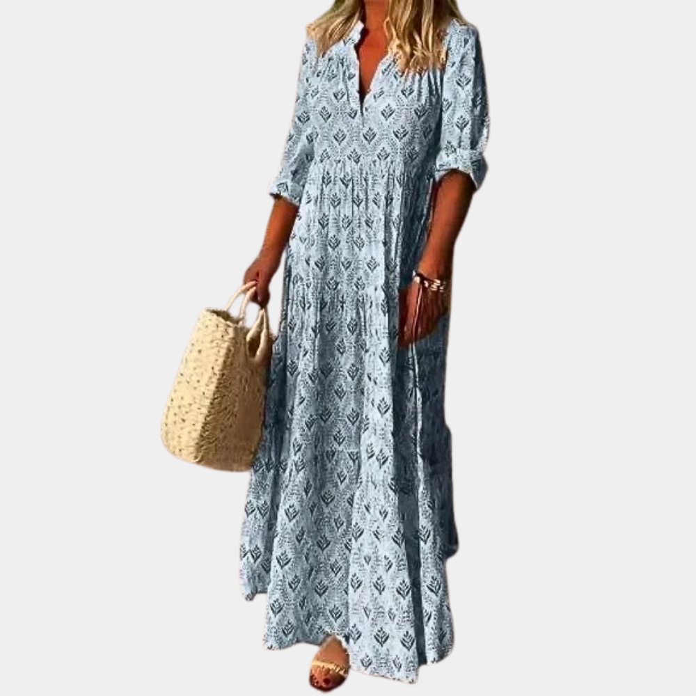 Dam Maxiklänning – Boho stil – V-ringad – Knappar framtill