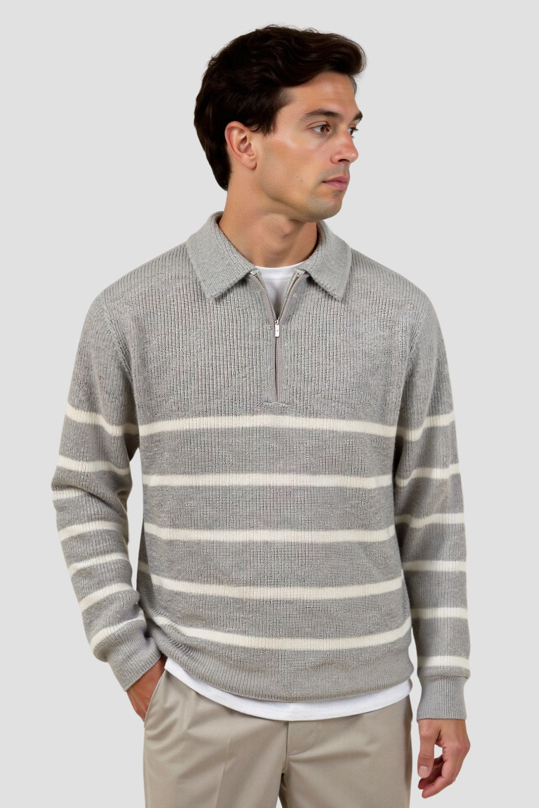 Herr half zip sweater – Randig stickad tröja – Ullblandning – Smart casual