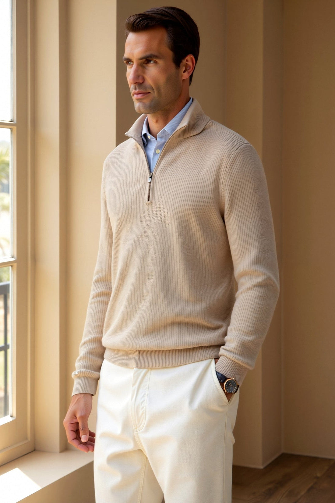 Herr half zip sweater – Stickad ullpullover – Smart casual – Regular fit