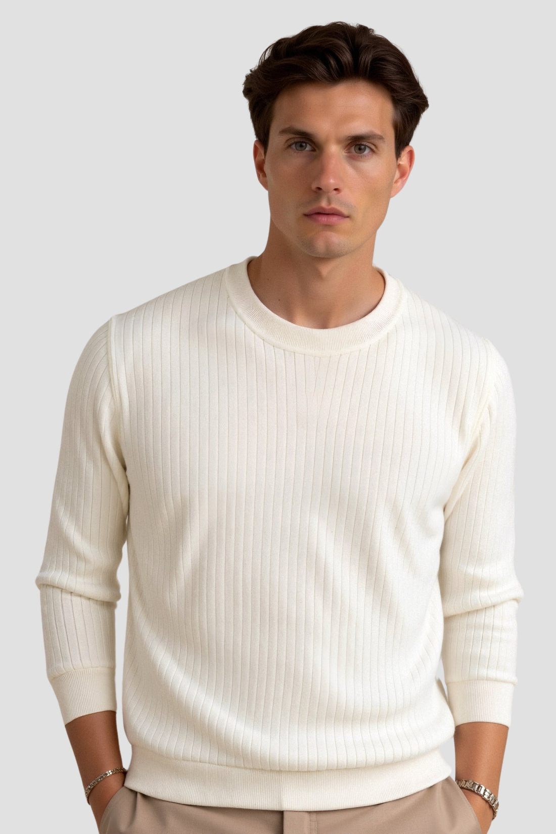 Herr ribbad stickad tröja – Långärmad pullover – Slim fit – Rund hals