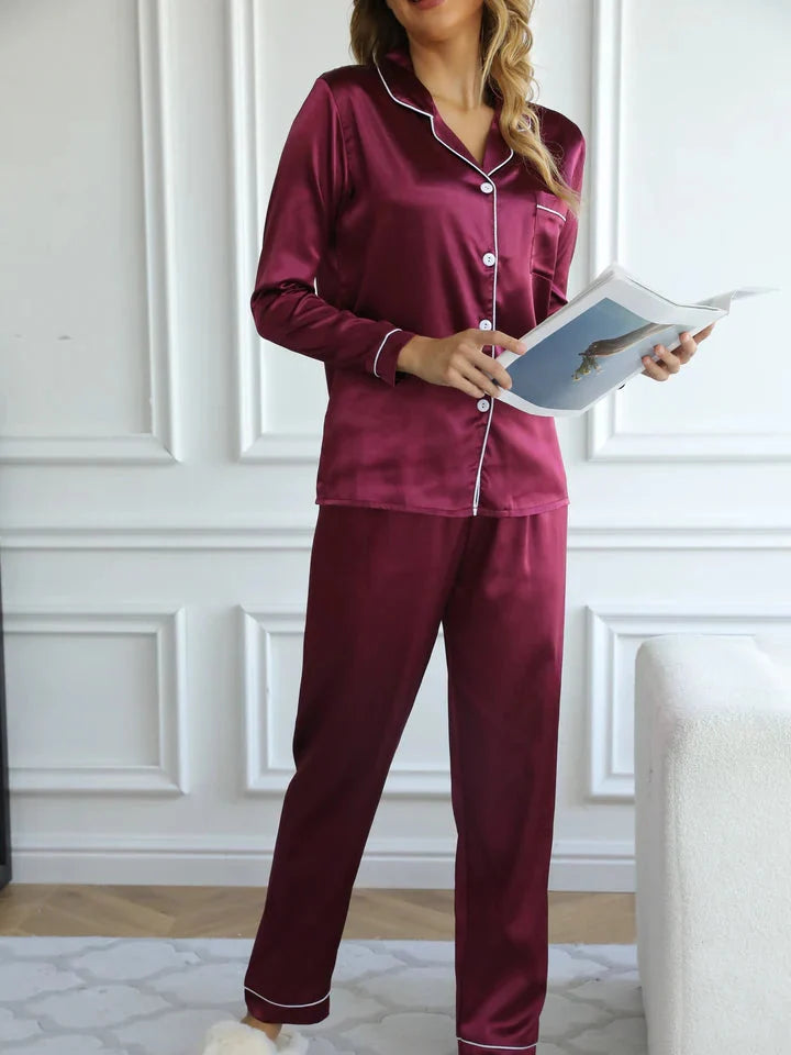 Dam Pyjamasset i Satin – Knappstängning – Långärmad – bild 4