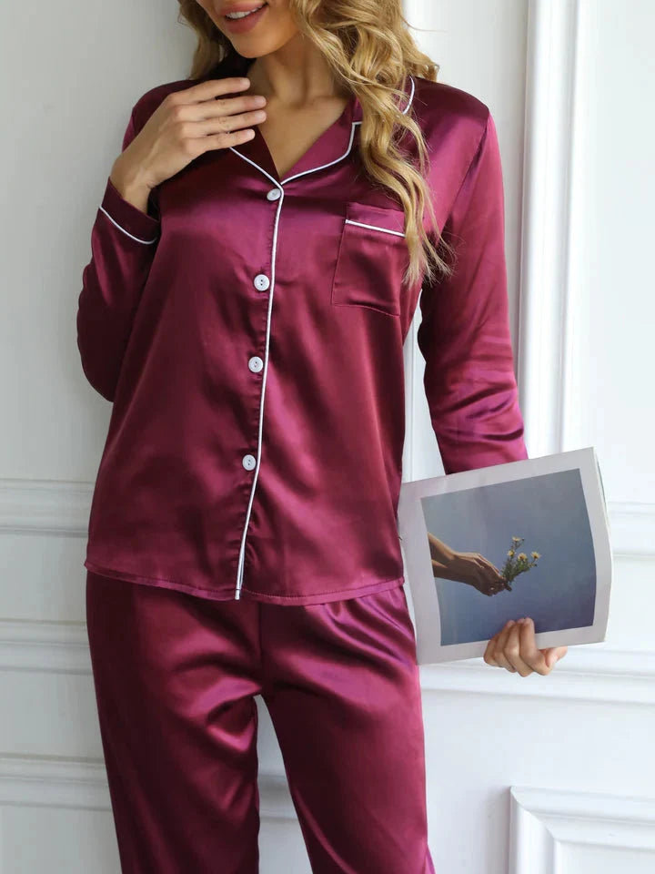 Dam Pyjamasset i Satin – Knappstängning – Långärmad – bild 1