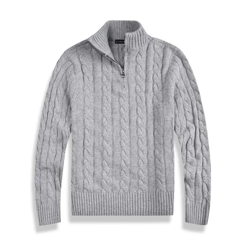 Herr stickad tröja – Half-zip pullover – Kabelstickad – Hög krage