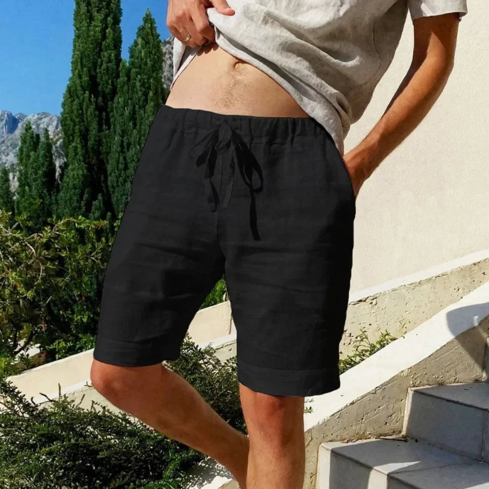 Herr Linneshorts – Elastisk Midja – Snörning – Ledig Passform