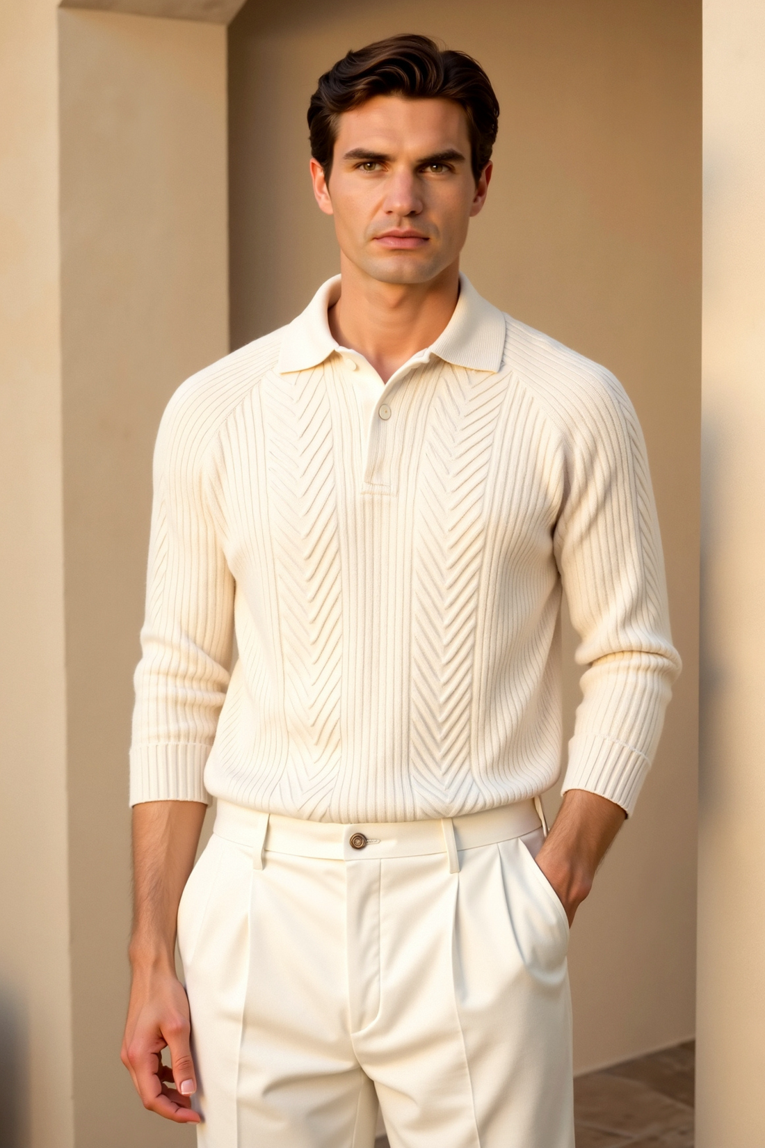Herr stickad polo – Långärmad pullover – Kabelstickad – Smart casual
