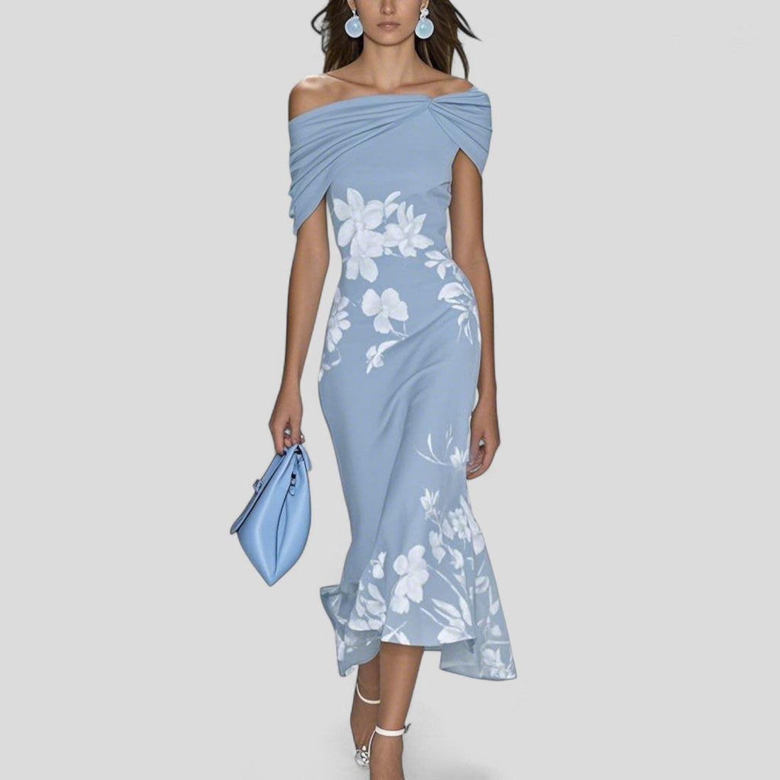 Dam Midi Klänning – Off-Shoulder – Blommigt Tryck – Volangfåll
