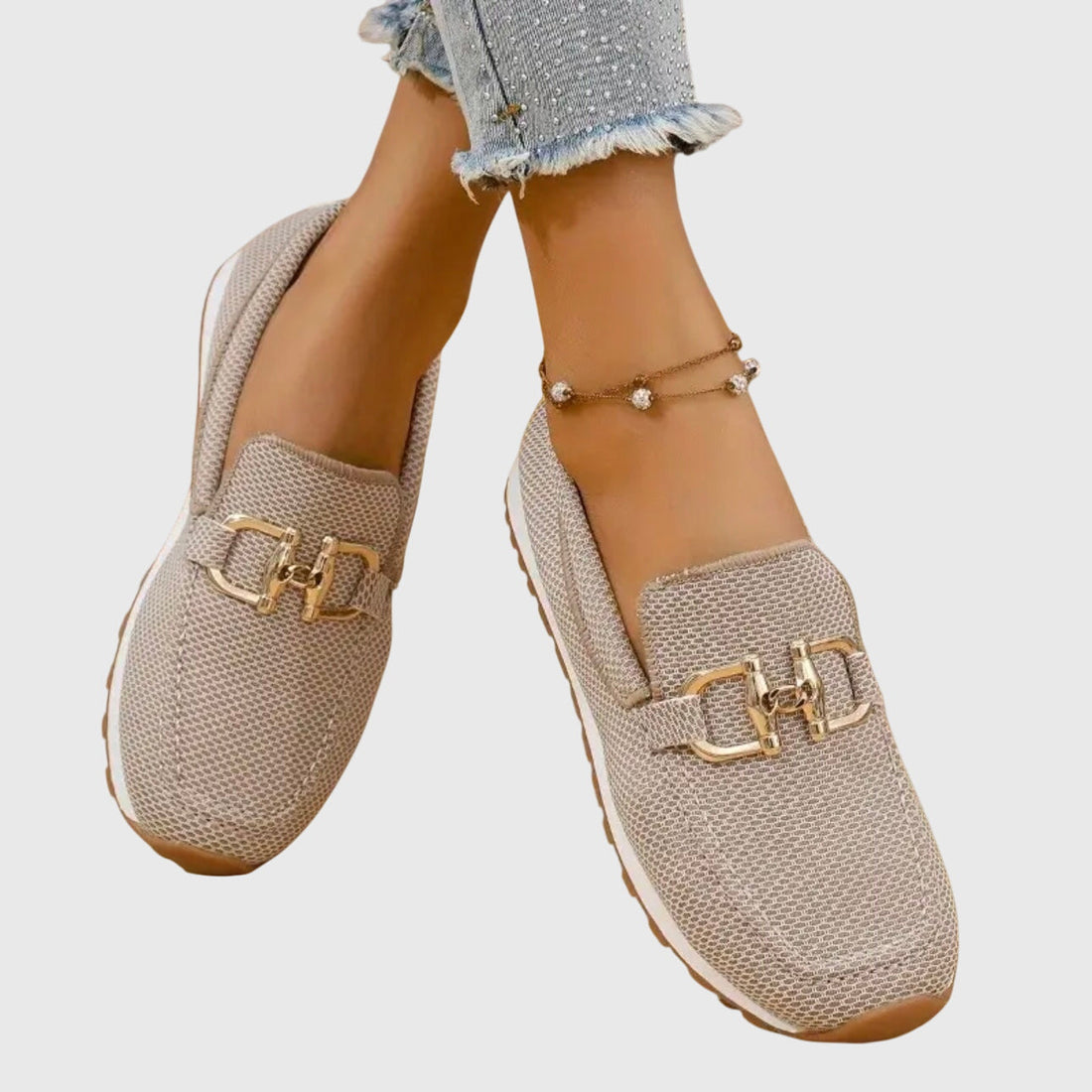 Dam Loafers – Guldspänne – Stickad Ovandel – Profilsula