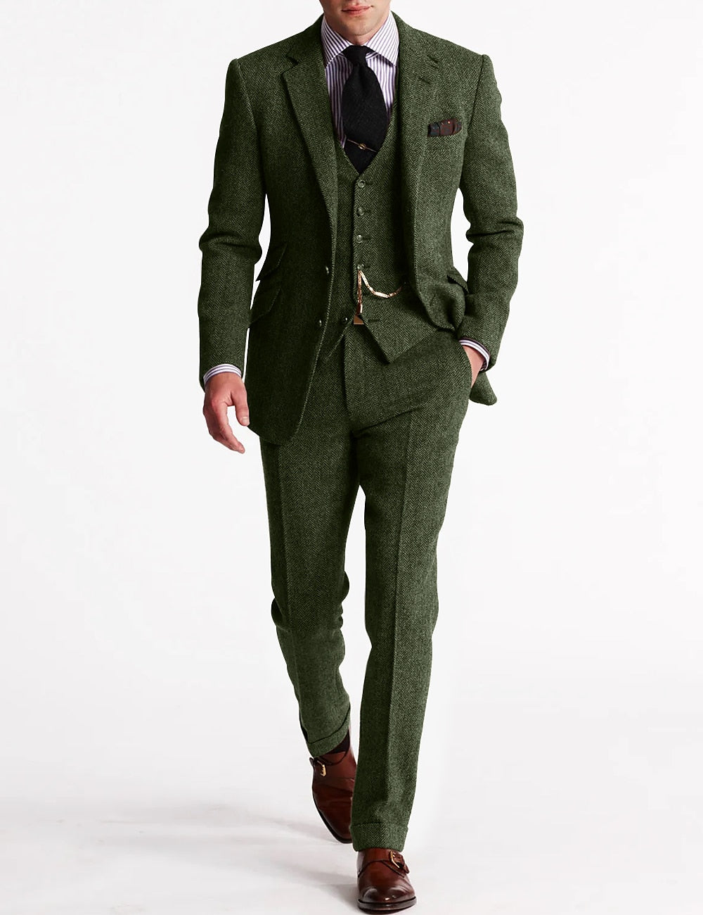 Herr 3-Delad Kostym – Fiskmönstrat Tweed – Skräddarsydd Passform – Formell