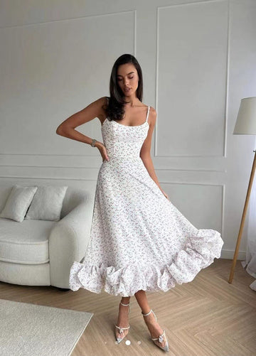 Ladies Midi Dress – Spaghetti Straps – Ruffled Edge – Light & Elegant – Festive Look
