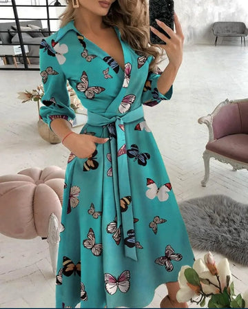 Lady Midi Dress – Wrap Design – Summer – Butterfly Pattern – Elegant Tailored Look