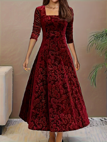 Dam maxiklänning i velour – Fyrkantig hals – 3/4-ärmar – Elegant feststil