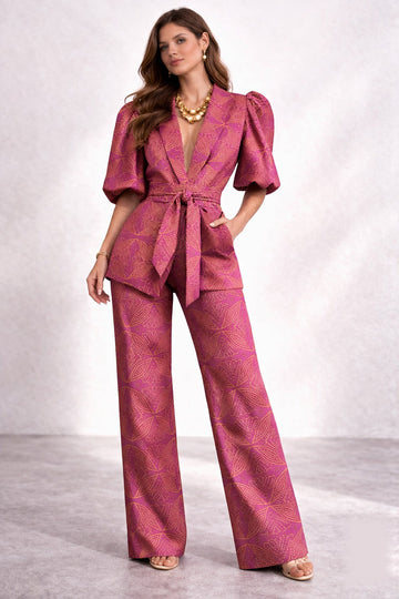 Dam 2-Piece Set – Mönstrad Blazer & Vida Byxor – Knytskärp – Festkläder
